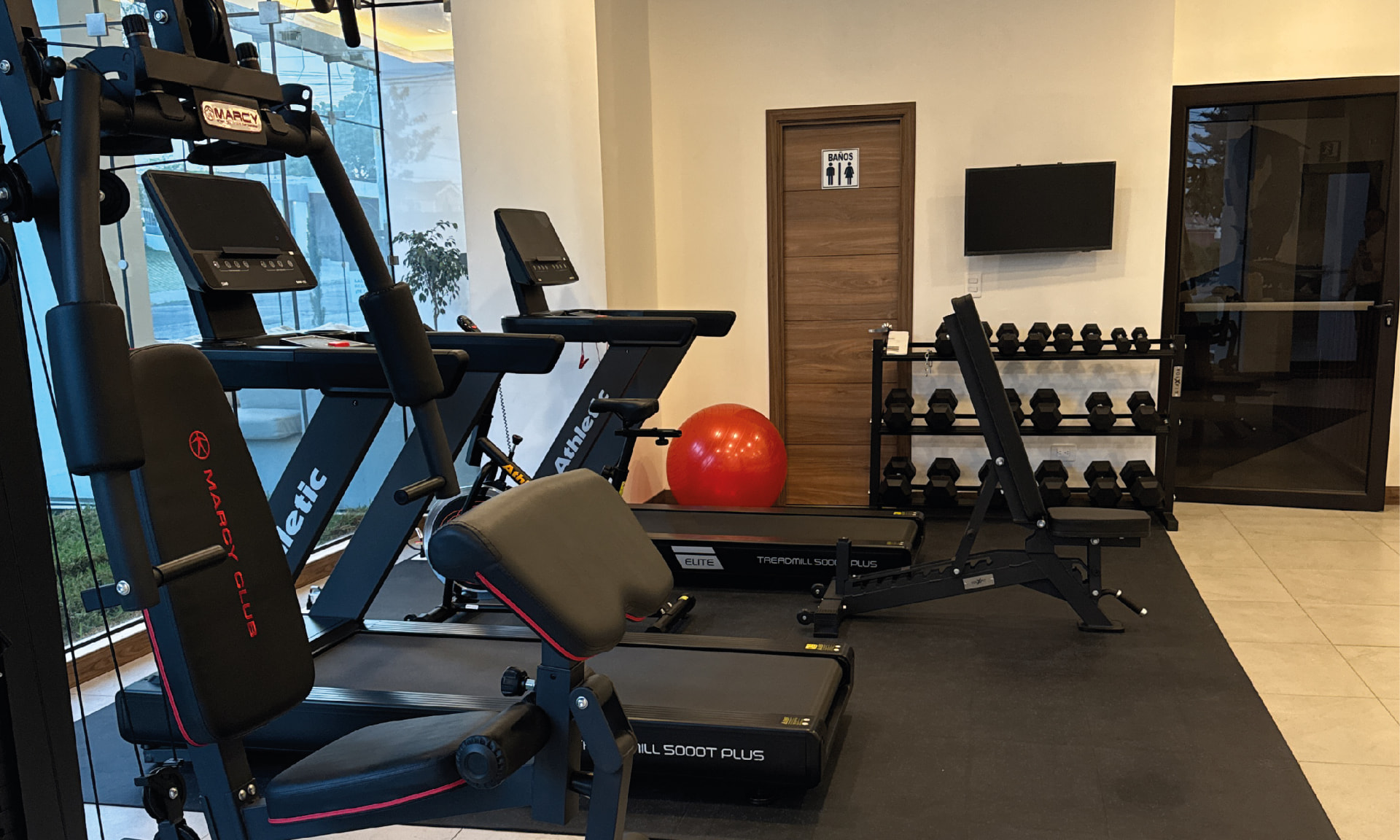 Gimnasio de PRIVE con caminadoras y pesas